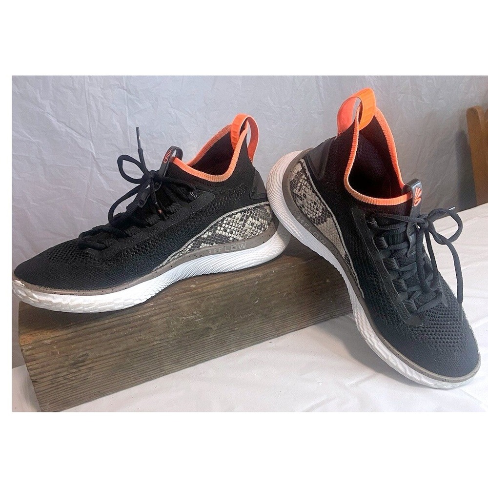 Under Armour Curry Flow Size 8 Basketball Shoes Black Orange Snakeskin Print